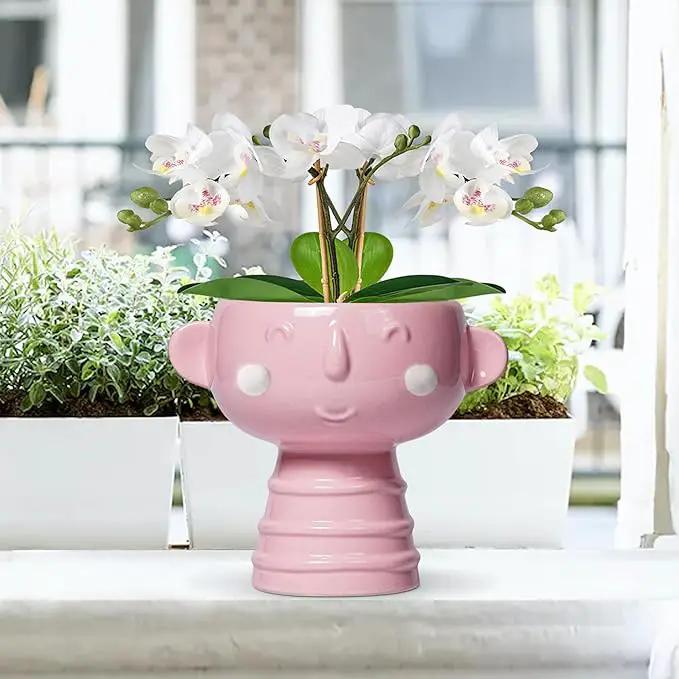 Smiley Face Planter - 7 Inch Ceramic Head Planter for Indoor Outdoor Plants, Cute Succulent Pots with Drainage Hole, Decorative Flower Pots, Home Room Desk Decor, Birthday Gifts, Bright Pink by GreenHaven Gardens