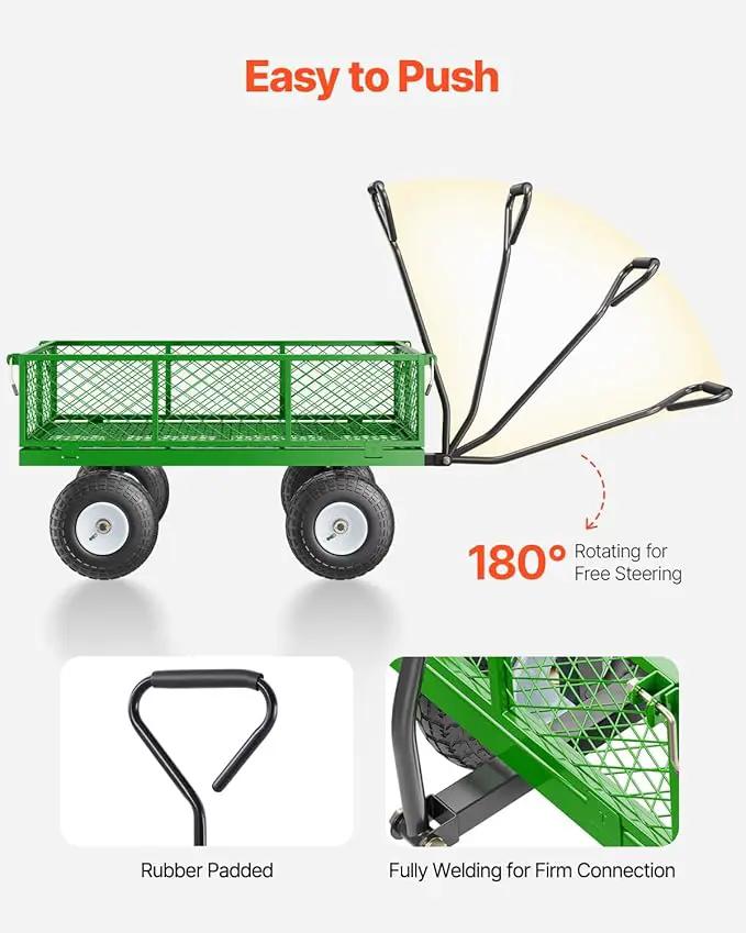 VEVOR 900 Lbs Steel Garden Cart on Wheels, Heavy Duty Pullable Garden Wagon Yard Cart, Outdoor Metal Utility Wagon with 10" Tires and Mesh Removable Sides(Convert to Flatbed), and 180°Rotating Handle by GreenHaven Gardens