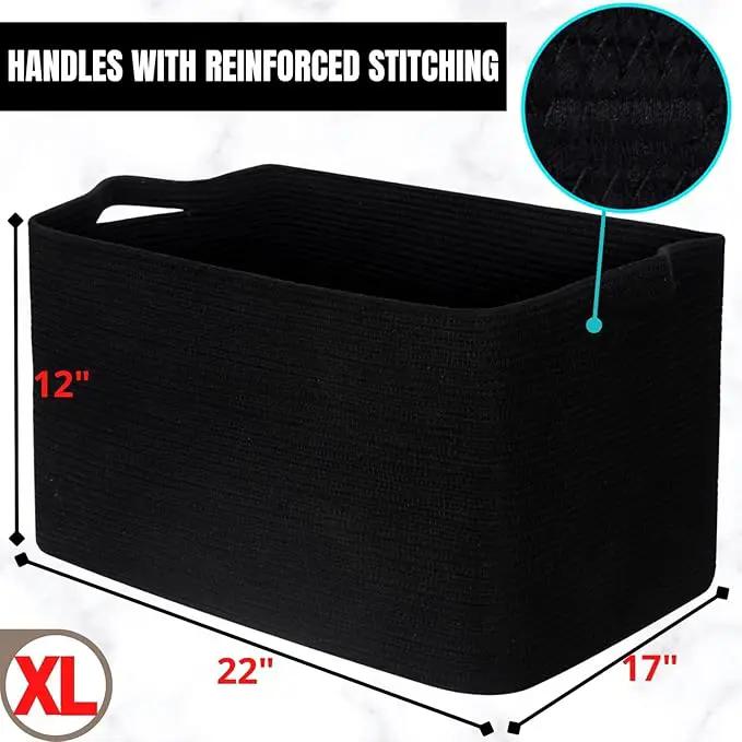 MINTWOOD Design 22in Extra Large Blanket Basket Holder Living Room, Rectangle Rope Woven Storage Basket with Handles for Laundry, Pool Towels, and Shoes, Dog Toy Organizer Bin Box, Full Black by GreenHaven Gardens