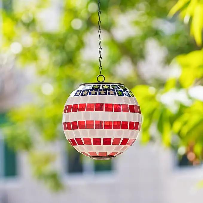 American Flag Solar Hanging Lanterns Outdoor Waterproof Glass Mosaic Gazing Ball Globe Hanging Lantern Lights for Patio Garden Yard Home Decor (Red) by GreenHaven Gardens