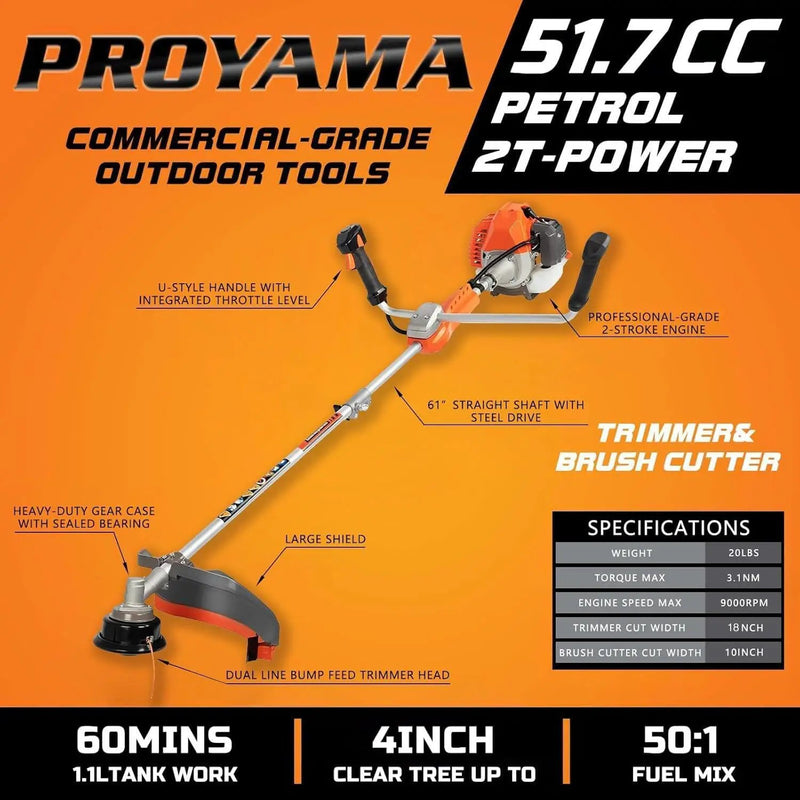 PROYAMA 51.7cc 2-Cycle Gas Powered Weed Eater Weed Trimmer, 3-in-1 Gas String Trimmer and Brush Cutter, Anti-Vibration System Tube Orange… by GreenHaven Gardens