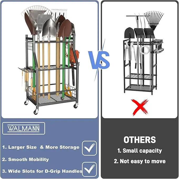 WALMANN Garden Tool Organizer with Wheels for Garage, Rakes/Shovels/Yard Tools Storage Stand for Garden, Shed, Indoor/Outdoor Long-Handled Tools Rolling Cart by GreenHaven Gardens