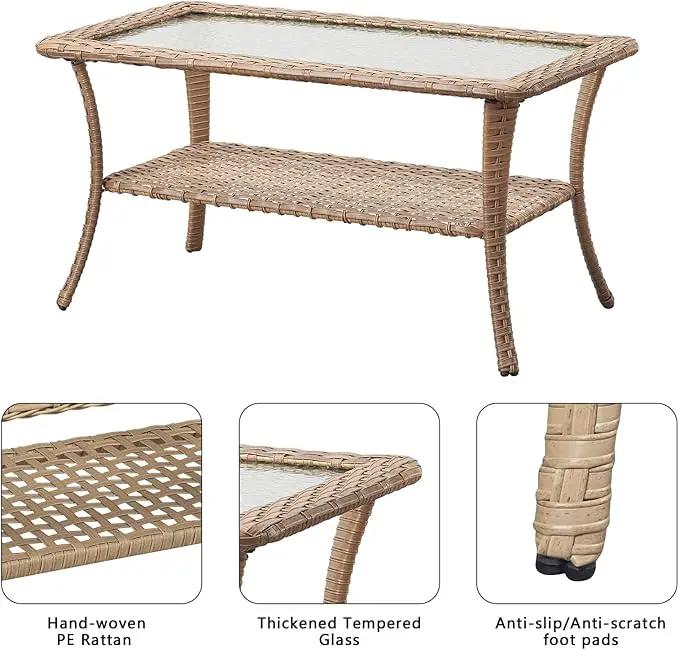 Patio Tables Outdoor Coffee Table - Wicker Rattan Coffee Tables with 2-Tier Storage Shelf Glass Top for Outside Proch Deck Balcony Garden Rectangle Yellow by GreenHaven Gardens