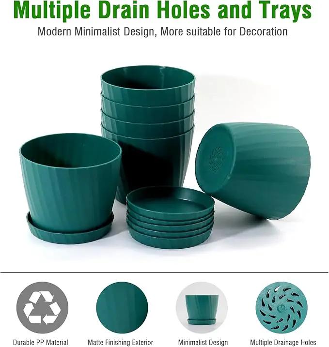 6 Inch Plant Pots Bulk, 6 Pack Plastic Planters with Drainage Holes and Saucers for Indoor Outdoor House Plants and Flowers, Green by GreenHaven Gardens