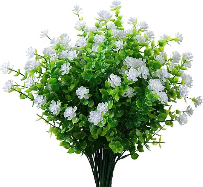 Artificial Plants Flowers Grass Shrubs 8 Pack No Fade Faux Plastic Flowers Outdoor for Vases Farmhouse Garden Porch Patio Office Indoor Wedding Decoration Greenery Fake Plants (2#White) by GreenHaven Gardens