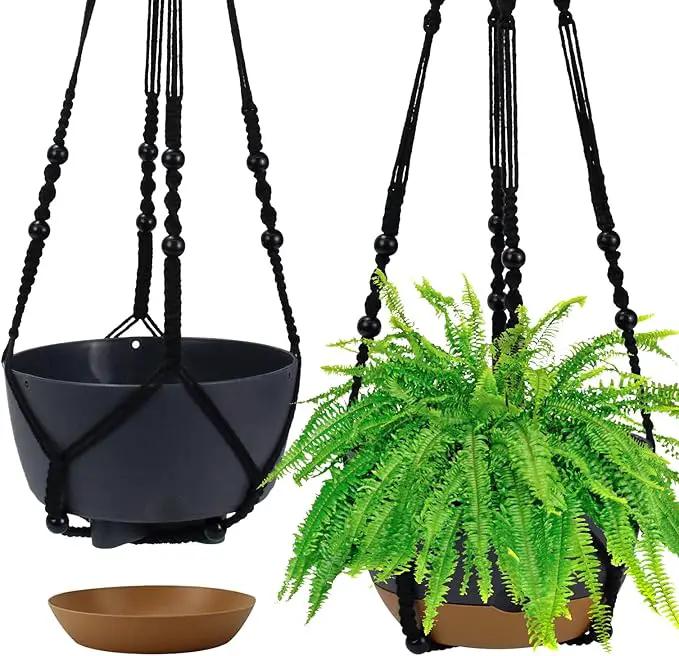 2 Pack Hanging Planters Set,10 Inch Indoor Outdoor Hanging Plant Pot Basket,Hanging Flower Pot with Drainage Hole with 3 Hooks for Garden Home… (Black Hanger Black Planters) by GreenHaven Gardens