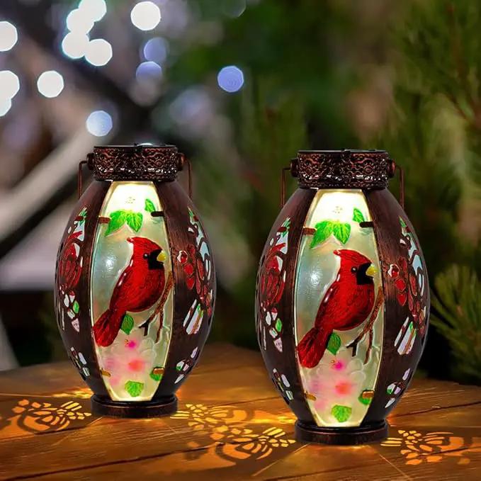 Starsoul 2 PC Cardinal Outdoor Solar Lantern Cardinal Solar Light Waterproof Tabletop Lamp with Hollowed-Out Design for Yard Patio Garden Pathway by GreenHaven Gardens
