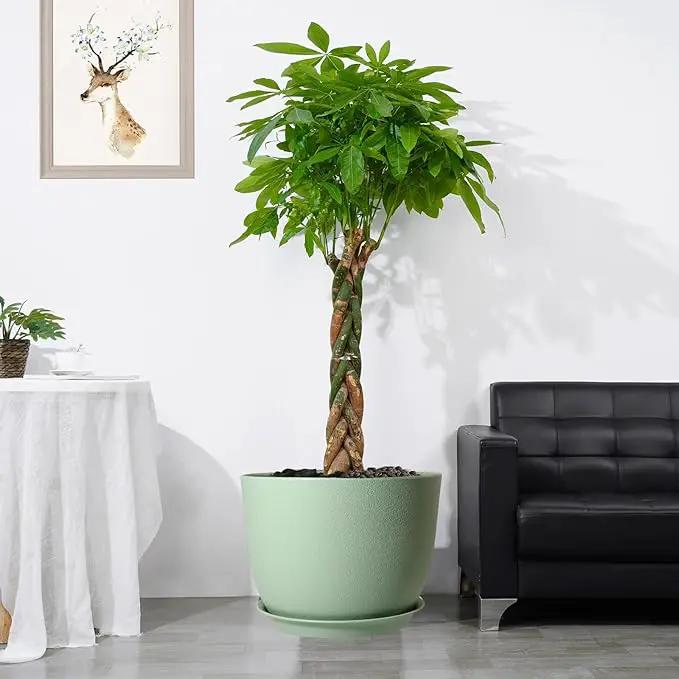 12/10/9 Large Modern Plant Pots, Plastic Planters with Drainage Holes and Saucers for Indoor Outdoor Plants Flowers, Green by GreenHaven Gardens