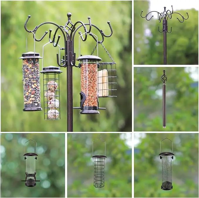 Deluxe Bird Feeding Station Kit Bird Feeder Pole with Squirrel Baffle, Suet Cage, Bath Tray for Planter Hanger - Wildlife-Friendly Design by GreenHaven Gardens