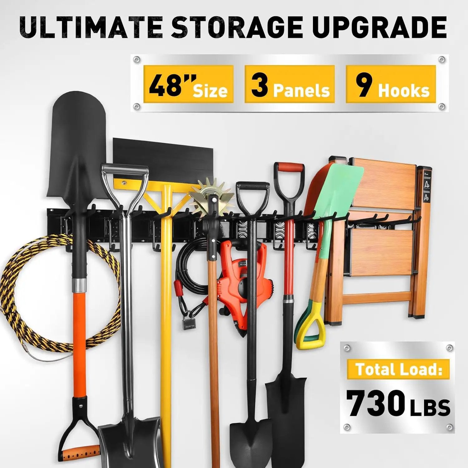 ELEAD 48 Inches Garage Storage, Garage Organization, Garden Tool Organizer Wall Mount, 9 Adjustable Heavy Duty Metal Hooks, Holds Up to 730 lbs, Yard Tool Organizer for Garden, Yard, and Shed by GreenHaven Gardens