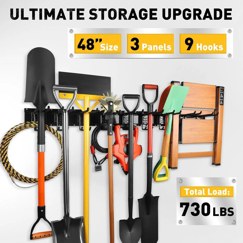 ELEAD 48 Inches Garage Storage, Garage Organization, Garden Tool Organizer Wall Mount, 9 Adjustable Heavy Duty Metal Hooks, Holds Up to 730 lbs, Yard Tool Organizer for Garden, Yard, and Shed by GreenHaven Gardens