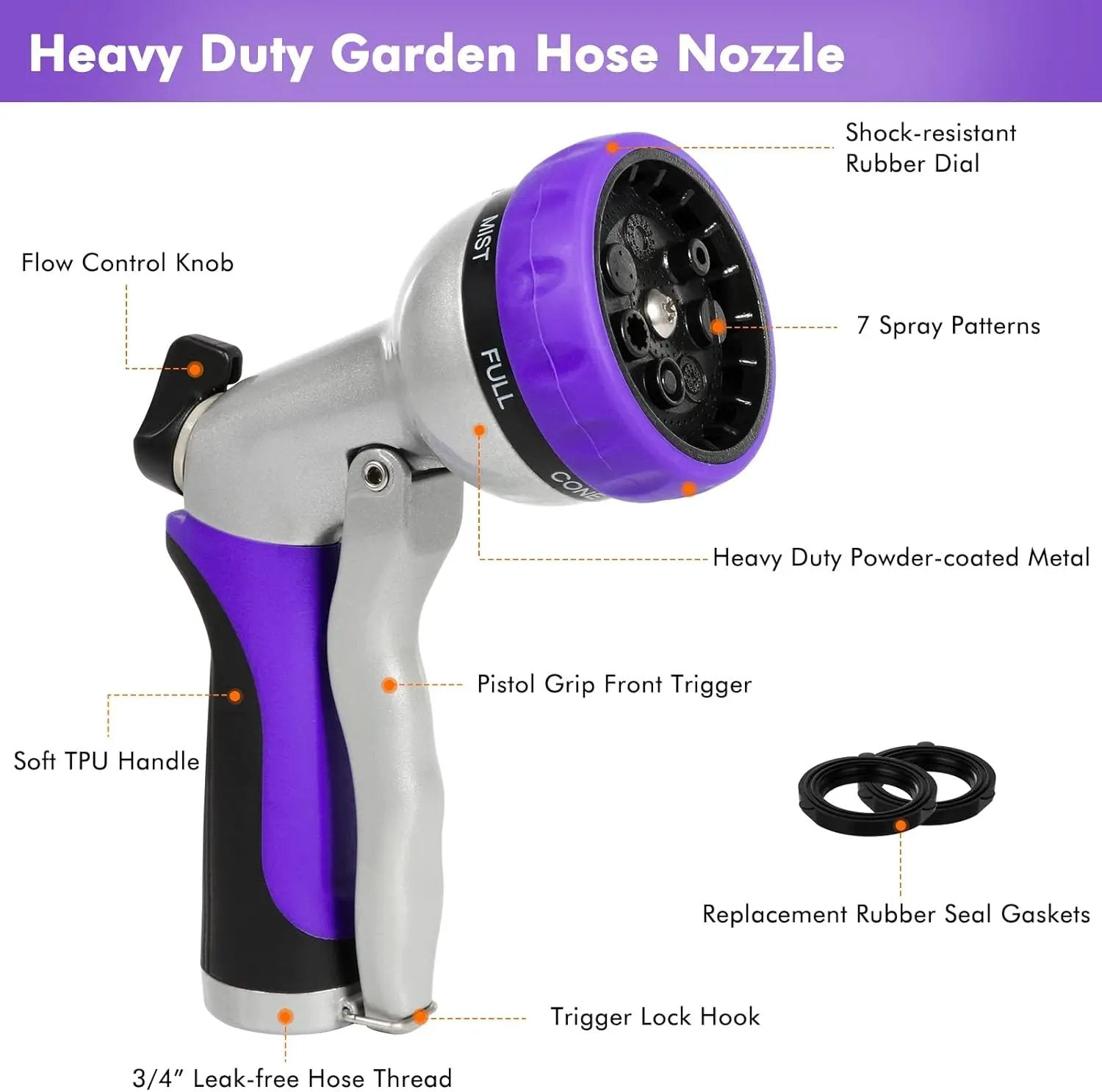 RESTMO Garden Hose Nozzle, Heavy Duty Metal Water Hose Nozzle with 7 Adjustable Spray Patterns, High Pressure Hand Sprayer with Flow Control, Best for Watering Plant & Lawn, Washing Car & Pet, Purple by GreenHaven Gardens