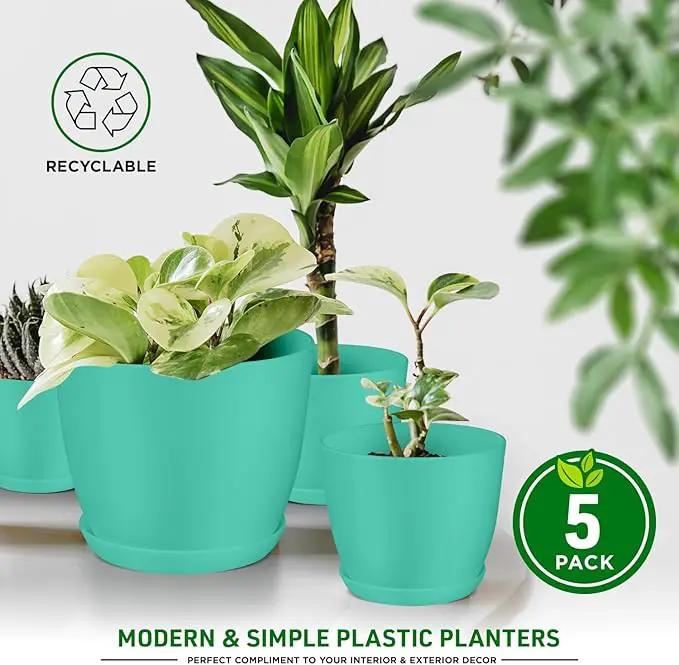 Planter Pots with Drainage Holes - Lightweight, Durable, and Space-Saving Pots for Indoor and Outdoor - Versatile Functionality, Simple Modern Design, Set of 5 Plastic Planter Pots - Aqua by GreenHaven Gardens