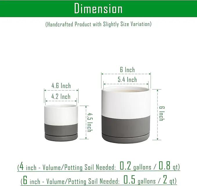 D'vine Dev 4.6 Inch & 6 Inch Ceramic Planter Pots for Plants with Drainage Hole and Saucer, Small Plant Pots Set, White/Speckled Grey, 94-G-S-6 by GreenHaven Gardens