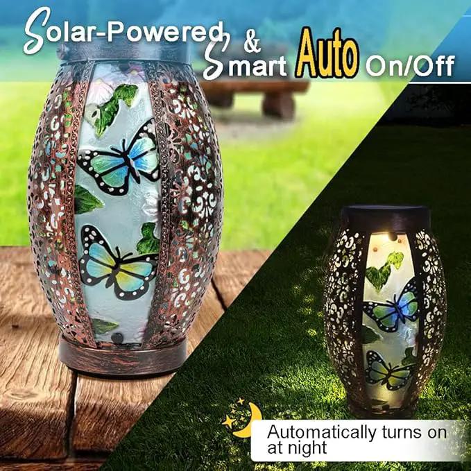 2PCS Butterfly Solar Lanterns Glass & Metal Hanging Light Outdoor Waterproof 16" H Tabletop Lamp with Hollowed-Out Design with Shepherd's Hooks for Garden Patio Table Decor by GreenHaven Gardens