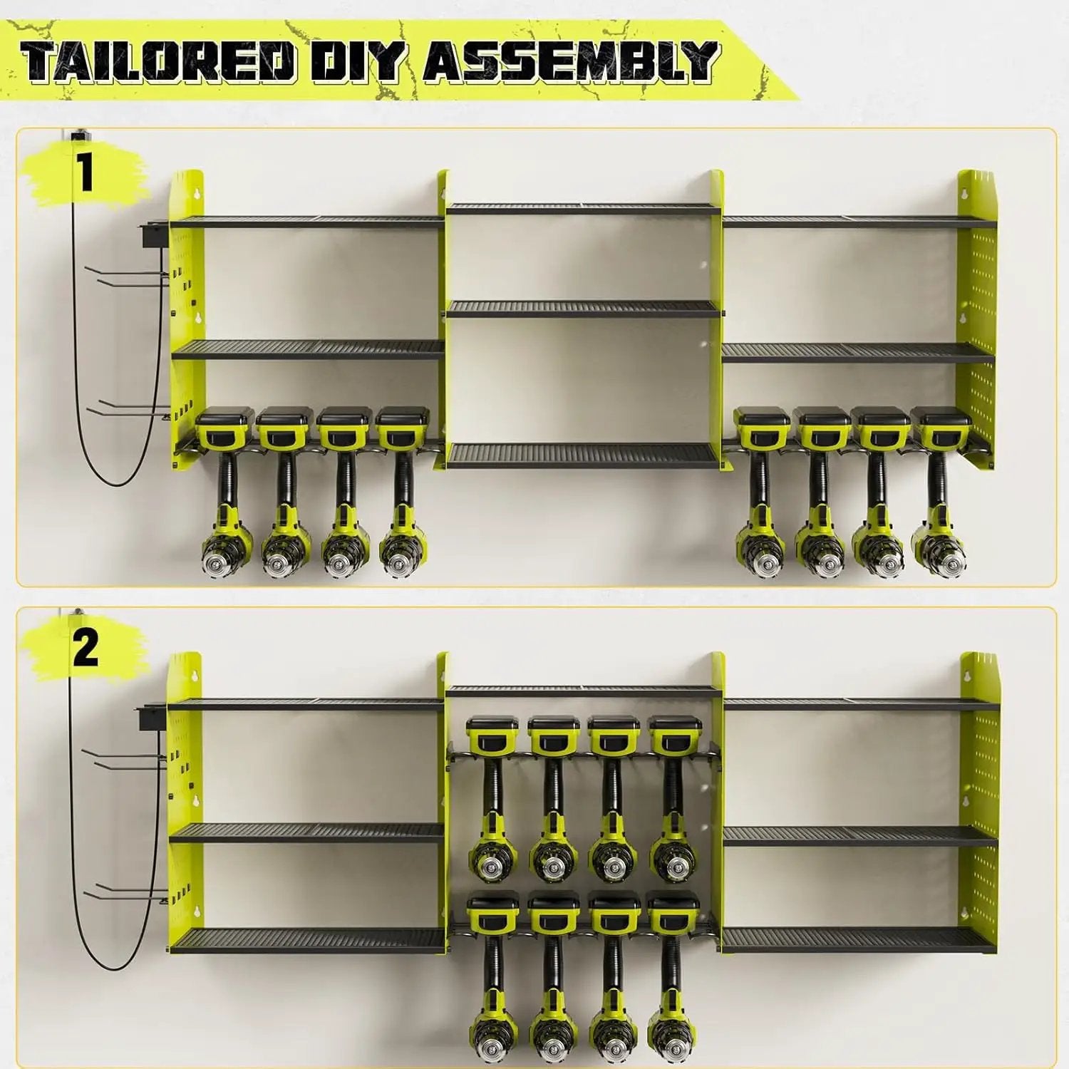 Power Tool Organizer with Charging Station Wall Mount, 3 Layer Expanded Heavy Duty Garage Organization, 45.5 Inch Length Garage Tool Storage, 8 Drills, 2 Assemble Method, Green by GreenHaven Gardens