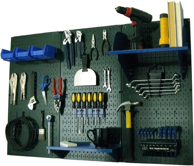 Wall Control Pegboard Organizer 4 ft. Metal Pegboard Standard Tool Storage Kit with Green Toolboard and Blue Accessories by GreenHaven Gardens
