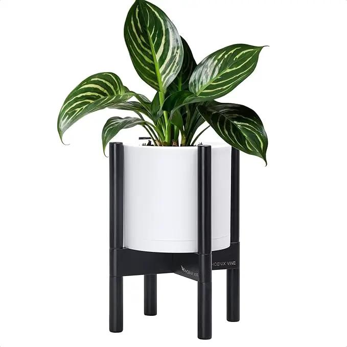 D'vine Dev Planter Pot with Stand - 8 Inch Plastic Cylinder Flower Pot with Wood Planter Holder for Indoor, Matte White Pot + Ebony Stand, 55-C-K-1 by GreenHaven Gardens