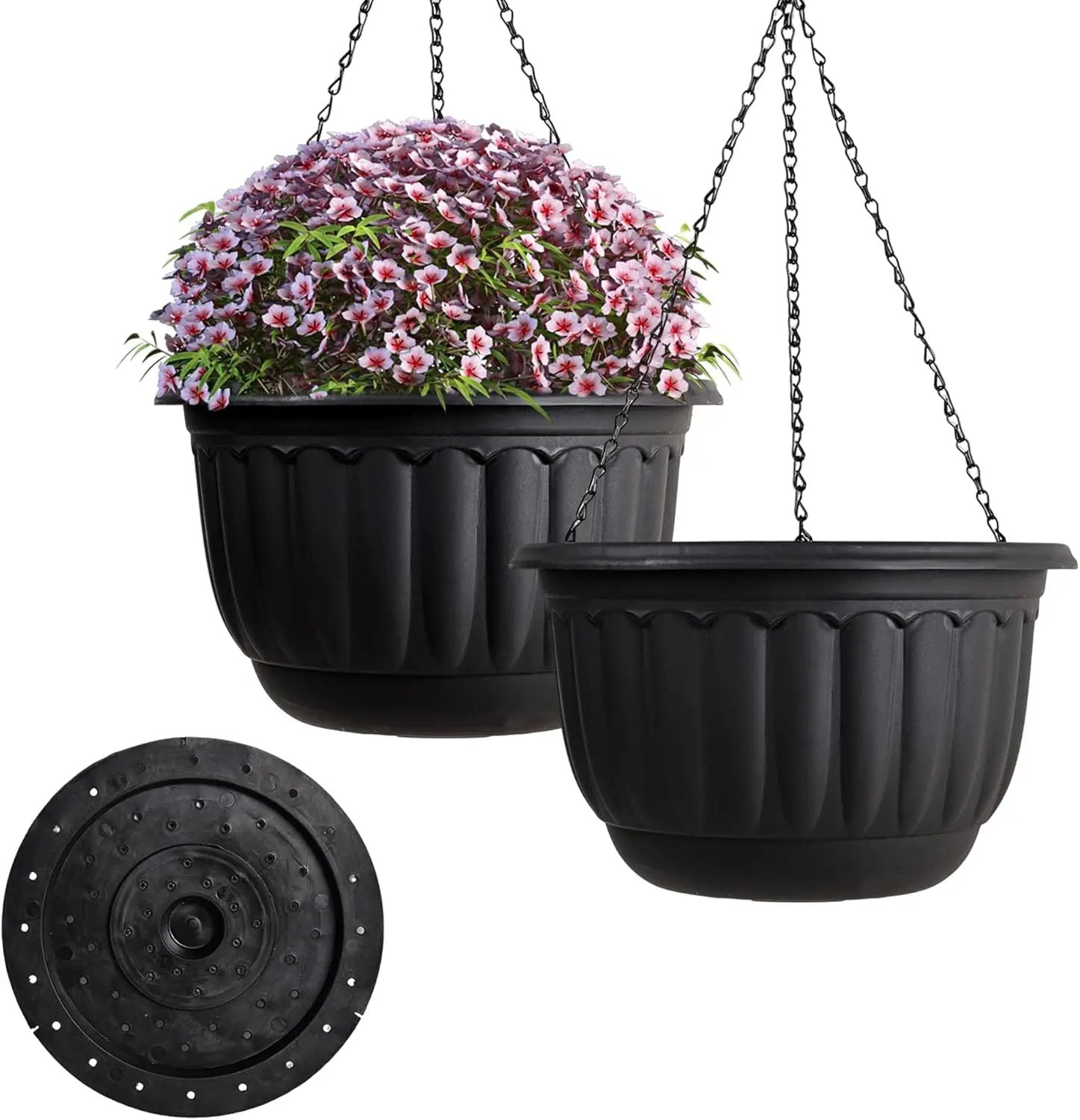 YIKUSH Planters for Outdoor Plants 2 Pack Black Plant Pots with Drainage Hole and Absorbing Tray Hanging Planters for Indoor Plants (12 inch, 3 Hooks) by GreenHaven Gardens
