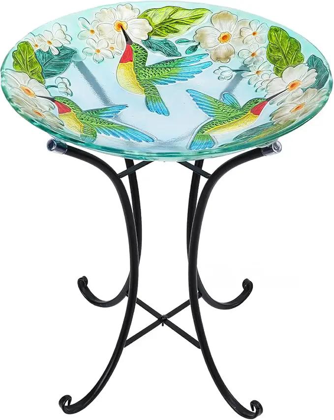 VCUTEKA 18" Outdoor Glass Birdbath with Sturdy Metal Stand for Lawn, Yard, or Garden Decor Bird Lovers Gift, Hummingbird Bird Bath Detachable, 22" Height by GreenHaven Gardens