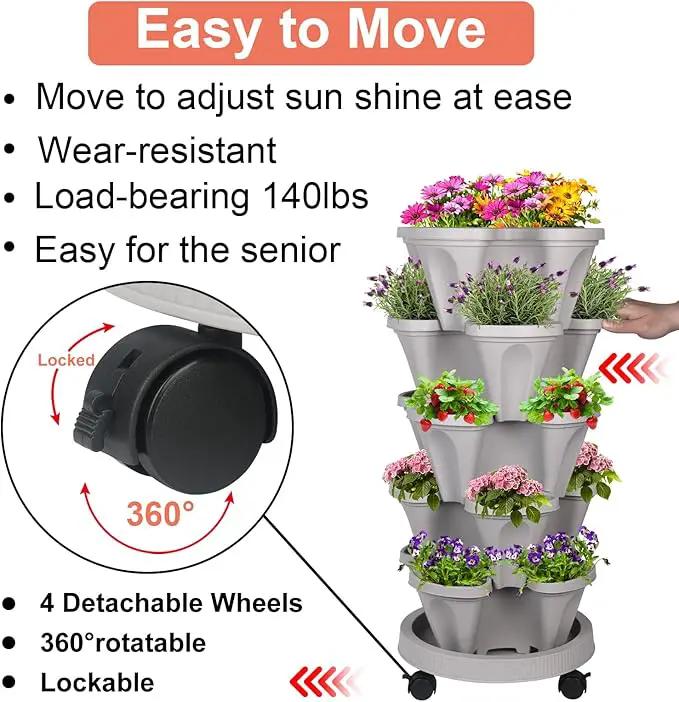 Vertical Planter 5 Tier Stackable Planters Garden Planters Strawberry Herb Flower and Vegetable Planter Indoor Outdoor Gardening Pots with Removable Wheels and Tools by GreenHaven Gardens