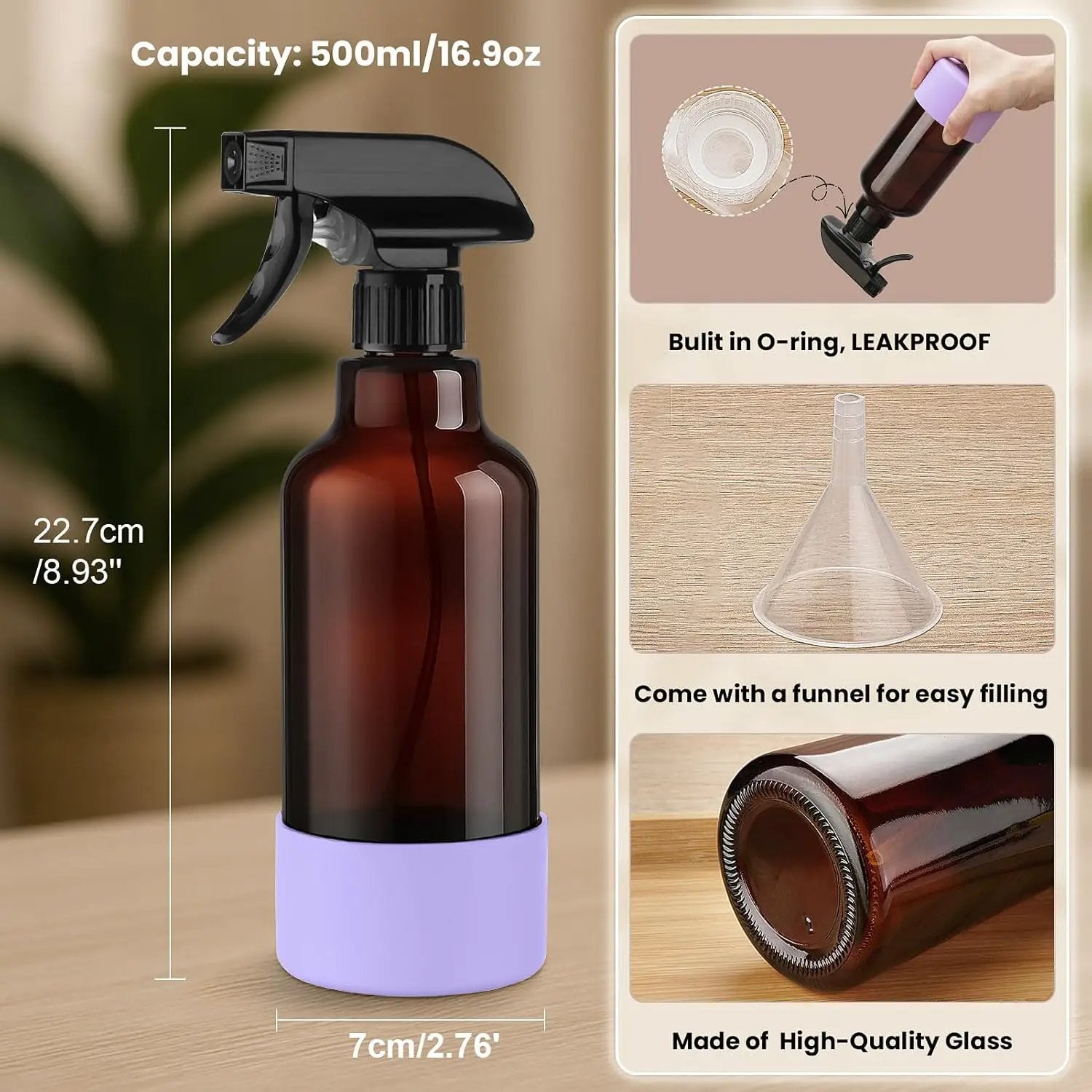Glass Spray Bottles with Silicone Sleeve 16.9oz 2 Pack Empty Spray Bottle for Hair Mist/Stream Spraying for Cleaning Solutions, Plants, Essential Oils (Brown-qblue&purple) by GreenHaven Gardens
