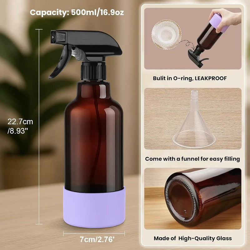 Glass Spray Bottles with Silicone Sleeve 16.9oz 2 Pack Empty Spray Bottle for Hair Mist/Stream Spraying for Cleaning Solutions, Plants, Essential Oils (Brown-qblue&purple) by GreenHaven Gardens