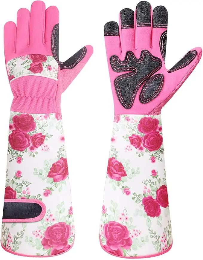 DLY Gardening Gloves for Women, Rose Gloves Gardening Thorn Proof, Long Garden Gloves for Women, Breathable & Durable Leather Gauntlet(Medium, Rose Red) by GreenHaven Gardens
