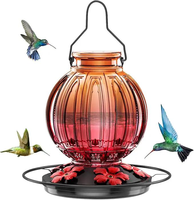 Glass Hummingbird Feeder for Outdoors Hanging, 26Oz Bird Nectar Feeder with Perch & 5 Flower Feeding Ports, Leak Proof for Outside Garden Decor Backyard, Gifts for Women Mom, Clear & Red by GreenHaven Gardens