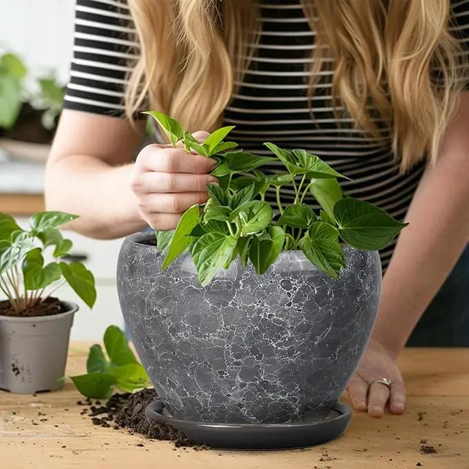 8 Inch Plant Pot - Ceramic Planter Pot with Drainage Hole and Saucer, Glaze Garden Pot Modern Flower Pot for Indoor Plants, Gray by GreenHaven Gardens