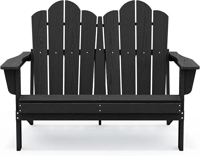 SERWALL Folding Adirondack Bench, HDPE All-Weather Adirondack Loveseat, 660 lbs Capacity, Foldable Outdoor Patio Bench for Deck, Lawn, Garden, Black by GreenHaven Gardens