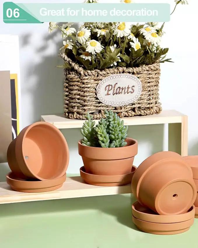 vensovo 3.7 Inch Terracotta Shallow Succulent Pots - 6 Pack Terra Cotta Clay Pot with Saucer, Cacuts Indoor and Outdoor Planters with Drainage Hole by GreenHaven Gardens