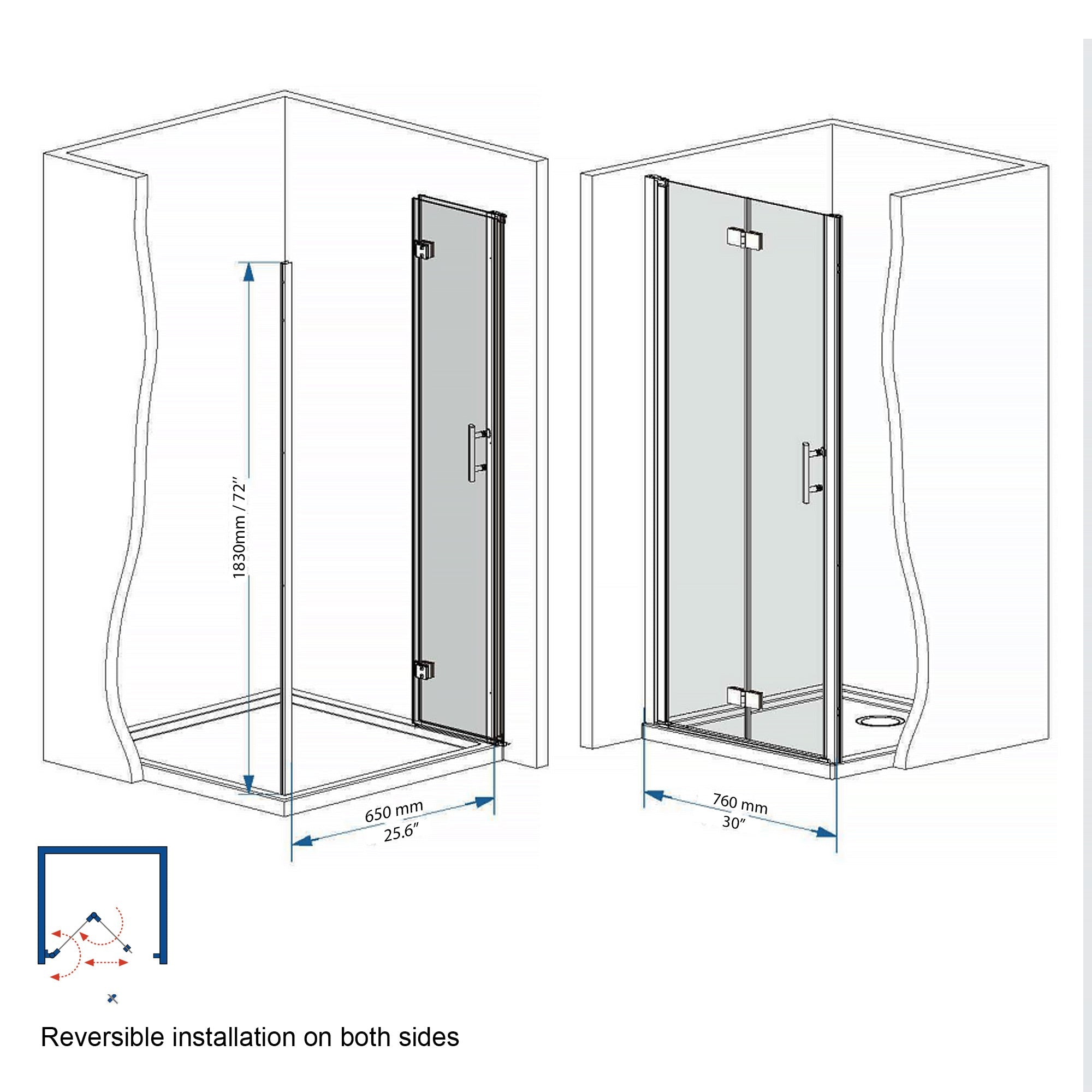 31-30"x 72" Bifold Shower Door, 1/4" (6mm) Tempered Glass by HouseOfZazla