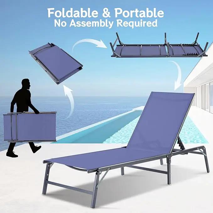 Outdoor Chaise Lounge Chair, Foldable & Assemble-Free, 6 Adjustable Positions, Durable Rust-Resistant Frame, Portable Outdoor Pool Lounge Chairs for Pool Patio Beach, Blue by GreenHaven Gardens