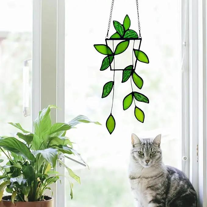 Royxen Stained Glass Window Hanging Green Plants Artificial Deocr Faux Plant Suncatchers, Gift for Plant Lover by GreenHaven Gardens