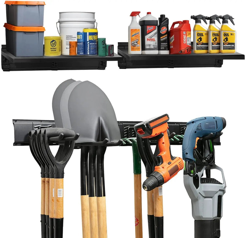 Heavy-Duty Garage Wall Storage System | Wall Mounted Tool Organizer Rack with Shelving | 10-Piece Mounting Kit | Includes 4x8.5” Adjustable Hooks & 2x16.5” Floating Utility Shelves by GreenHaven Gardens