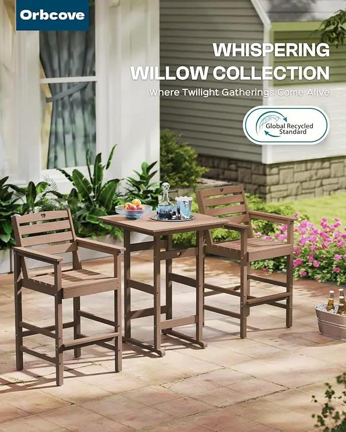 3-Piece Bar Height Patio Table and Chairs Set, HDPE Wood Grain Outdoor Bar Table and Chairs with Heart Cutout Design, Weather-Resistant Bar Height Furniture for Deck, Porch, Pool (Teak) by GreenHaven Gardens