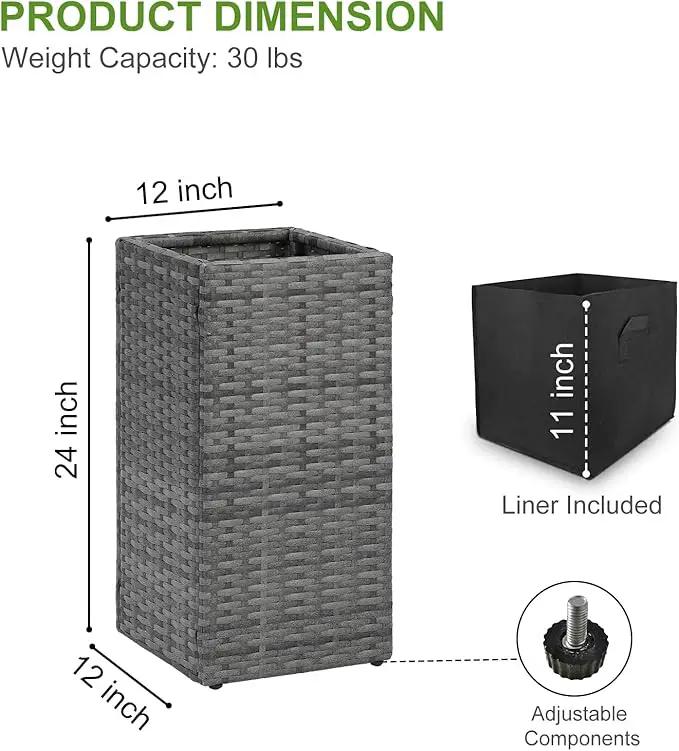 LEWIS&WAYNE Set of 2 Tall Planters for Outdoor Plants Handmade 24'' Wicker Tall Square Planter Box with Removable Liners Modern Planter for Indoor Outdoor Garden Patio Front Porch - Gray by GreenHaven Gardens