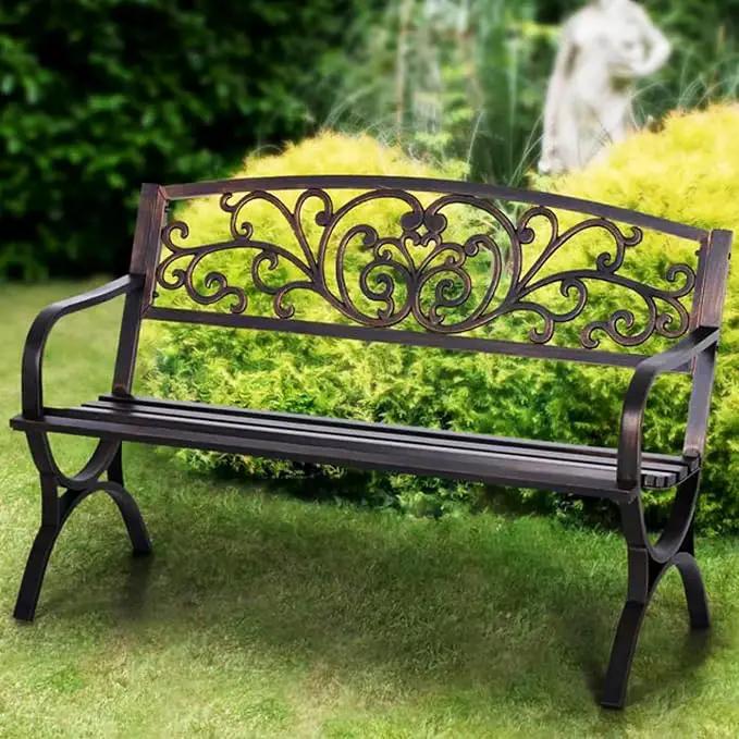 PHI VILLA 50Inch Cast Iron Steel Frame Garden Bench Patio Furniture Chair Outdoor Bench w/Floral Design Backrest, Slatted Seat for Park, Yard & Porch, Bronze by GreenHaven Gardens