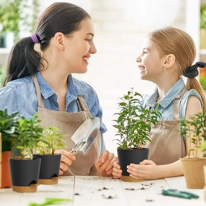 7/6.5/6/5.5/5/4 inch Self Watering Pots for Indoor Outdoor Plants, 6 Pack Plastic Flower Planters with Drainage Holes and Removable Saucers, Plant Pots with Wicking Rope, Black Brown by GreenHaven Gardens