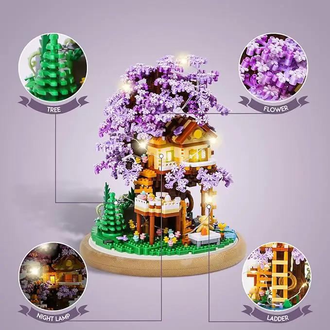 DIY Flower Building Toy Sets Miniature Cherry Blossom Tree House Building Kit, Purple & Yellow Sakura Flowers, Building Blocks Set for Adults & Girls - Bonsai Tree Model with Dust Cover by GreenHaven Gardens