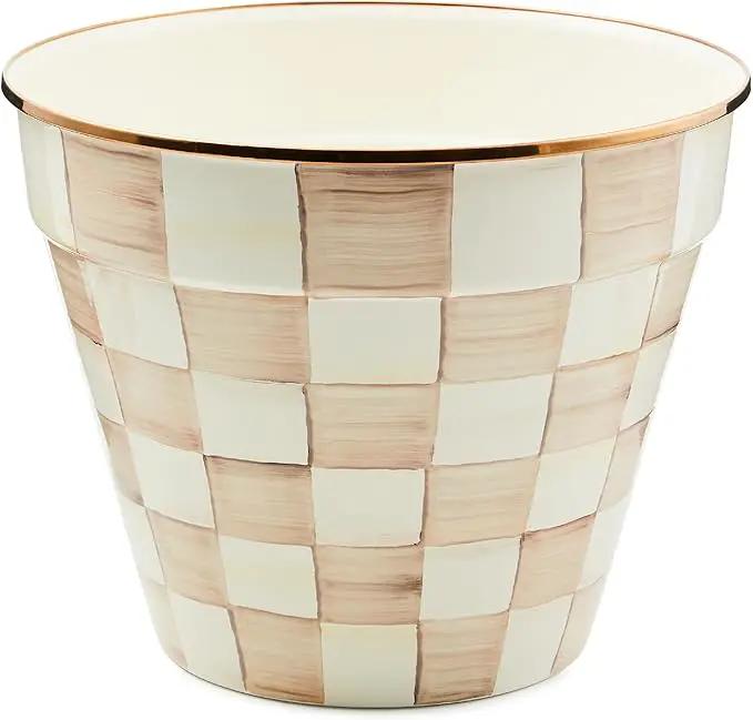 MACKENZIE-CHILDS Enamel Garden Pot, Decorative Pot for Plants, Outdoor Flowerpot Decor, Extra Large, Brown-and-White Mocha Check by GreenHaven Gardens
