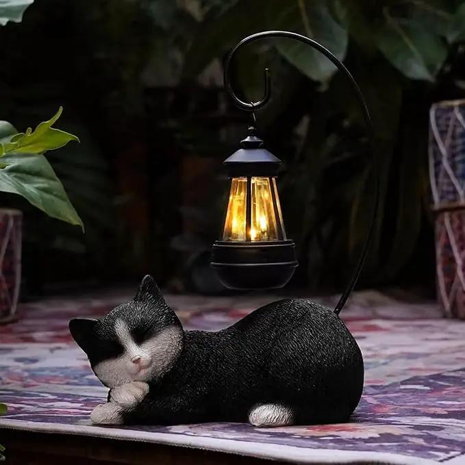Solar Cat Statues with Lantern for Garden Outdoor Statue, Garden Lawn Outdoor Cat Statue, Cat Figurines Crafted Garden Sculptures & Statues for Patio, Yard, Lawn & Porch Gardening Gifts for Mom(13") by GreenHaven Gardens