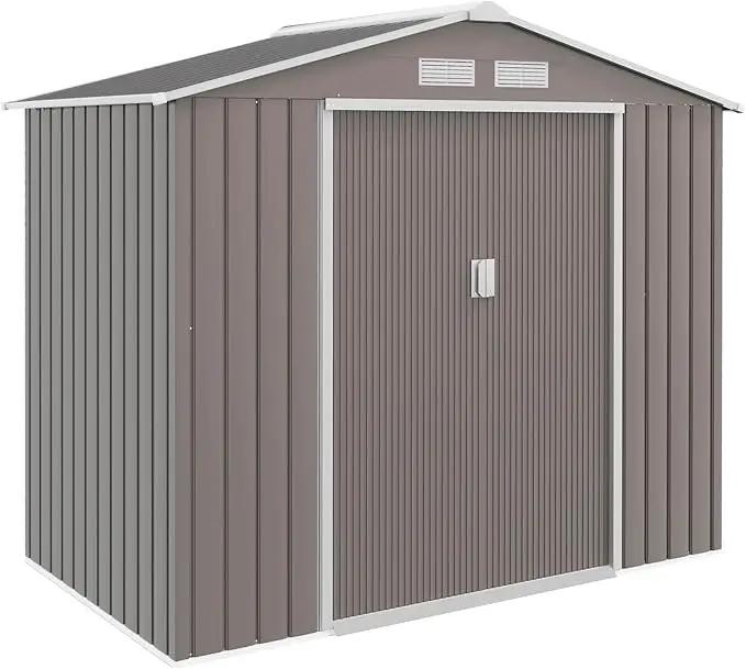 Outsunny 7' x 4' Outdoor Storage Shed, Garden Tool Metal Shed with Foundation Kit, Double Lockable Door, Air Vents and Sloping Roof, for Backyard, Patio, Lawn, Gray by GreenHaven Gardens