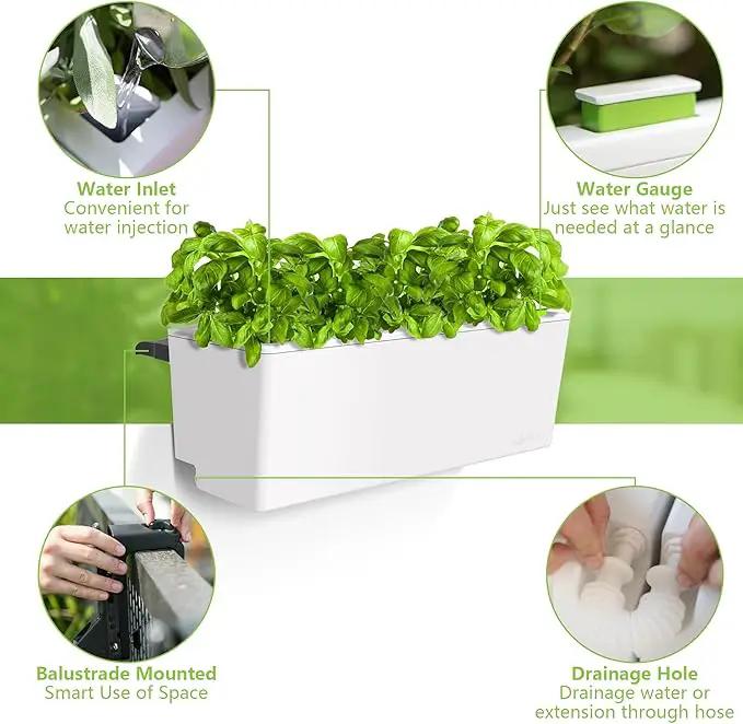 Glowpear Self Watering Railing Planter Box - 23.6", White - UV Stable, Scalable Plant Pot with Water Gauge, Indoor Outdoor for Vegetables, Flowers, Herbs, and Succulents by GreenHaven Gardens