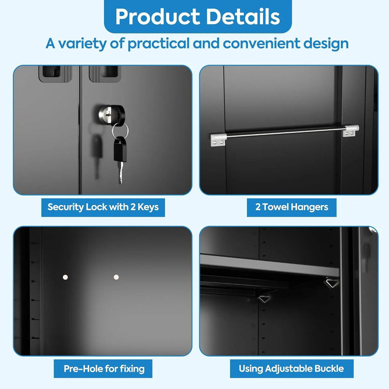 Garage Storage Cabinet with Wheels and 5 Pegboard, 71" H Metal Storage Cabinets with 2 Locking Doors and 4 Shelves, Broom Closet Storage Cabinet with Hanging Rod and 13 Hooks, Black by GreenHaven Gardens