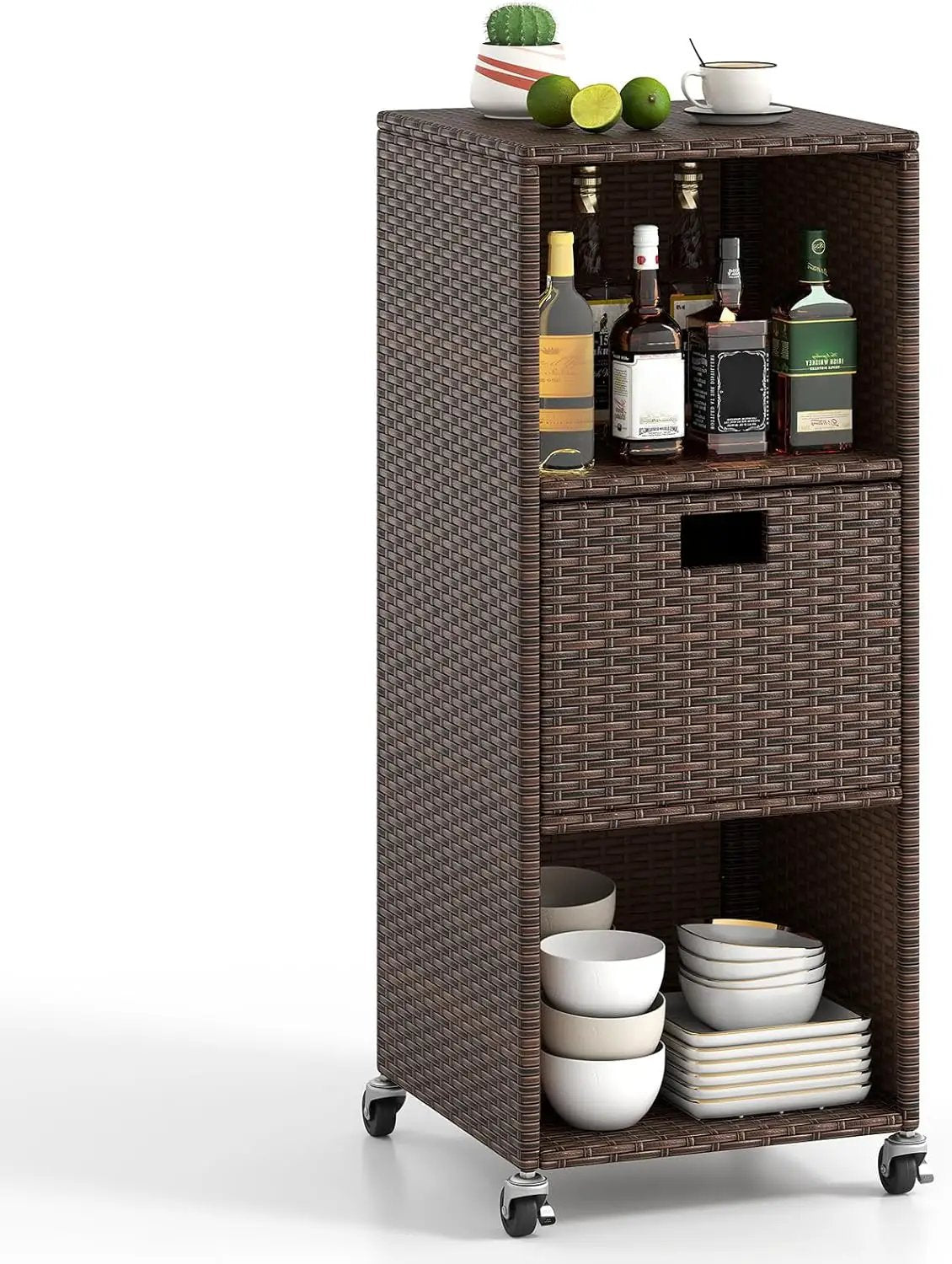 Tangkula Rattan Outdoor Storage Cabinet, Patiojoy Outdoor Wicker Cabinet with 3 Shelves, 1 Removable Drawer, 4 Wheels, Patio Storage Deck Box Cart for Backyard Poolside Porch (Mix Brown) by GreenHaven Gardens