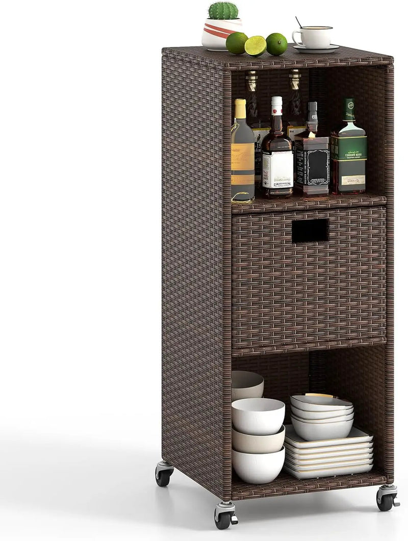 Tangkula Rattan Outdoor Storage Cabinet, Patiojoy Outdoor Wicker Cabinet with 3 Shelves, 1 Removable Drawer, 4 Wheels, Patio Storage Deck Box Cart for Backyard Poolside Porch (Mix Brown) by GreenHaven Gardens