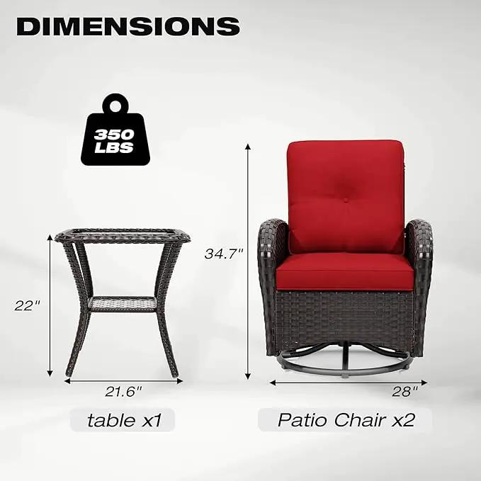 Joyside Outdoor Swivel Rocker Chairs, 3 Piece Wicker Patio Set with Thick Cushion and Side Table, Rattan Patio Swivel Rocking Chairs for Porch, Deck Use (Brown/Red, 3 PCS) by GreenHaven Gardens