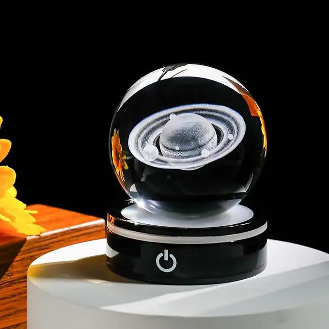 YWHL 3D Crystal Ball with LED Light Base, 3D Laser Engraved Glass Sphere Galaxy Crystal Ball for Home Decorations, Planet Saturn Lamp Gifts for Mother's Day Birthday Christmas (80mm) by GreenHaven Gardens